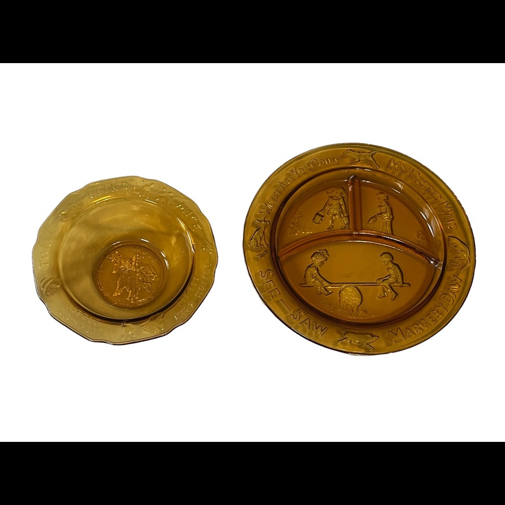 Vintage amber Tiara nursery rhyme bowl and plate set